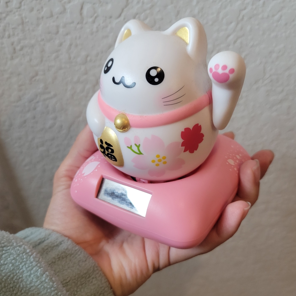 Lucky Cat Solar-Powered Sculpture - Pink and White - Picture 2 of 3